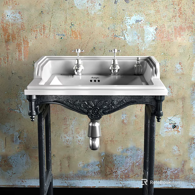 Vintage Washbasin With Double Silver Faucets And Carved Black Stand Against Textured Wall 3d model 