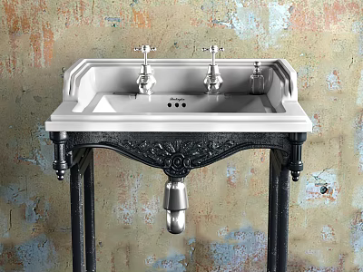 Vintage Washbasin With Double Silver Faucets And Carved Black Stand Against Textured Wall 3d model