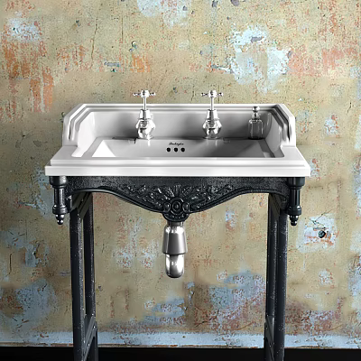 Vintage Washbasin With Double Silver Faucets And Carved Black Stand Against Textured Wall 3d model