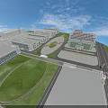 Modern Industrial Factory Exterior With Steel Structure Green Area And Bridge