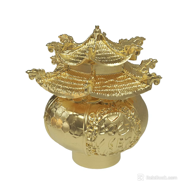 Golden Traditional Decorative Ornament With Multi Tiered Structure And Carved Patterns 3d model 