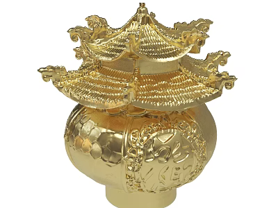 Golden Traditional Decorative Ornament With Multi Tiered Structure And Carved Patterns 3d model