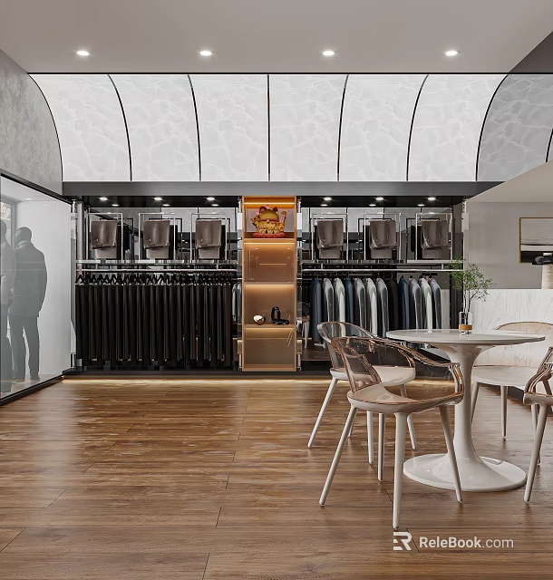 Modern Clothing Store Interior With Hanging Clothes Racks Display Cabinet And Chairs 3d model 