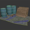 Blue Storage Barrels And Wooden Pallets Stacked On Gray Mat For Home Use