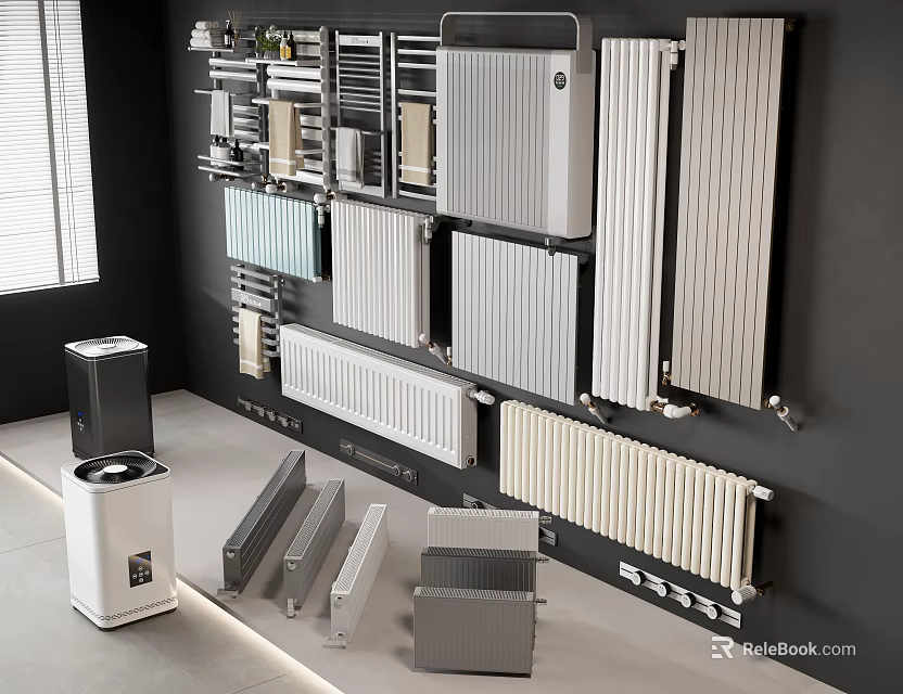 Modern Radiators With Various Wall Mounted Designs And Colors In Showroom 3d model 