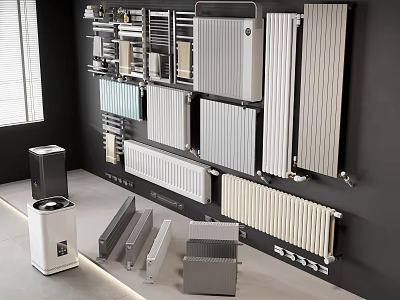 Modern Radiators With Various Wall Mounted Designs And Colors In Showroom 3d model