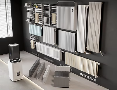 Modern Radiators With Various Wall Mounted Designs And Colors In Showroom 3d model