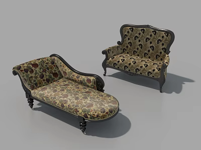 Vintage Chaise Lounge With Floral Pattern Fabric And Wooden Carved Frame 3d model