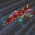 Red Interstellar Spaceship Flying Through Cosmic Starry Sky With Light Rays