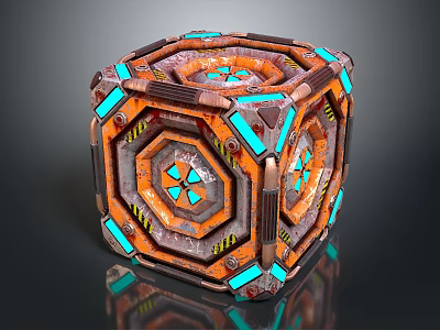 Mechanical Geometric Cube Device With Orange Blue Panels Metallic Bolts And Reflective Surface 3d model