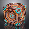 Mechanical Geometric Cube Device With Orange Blue Panels Metallic Bolts And Reflective Surface