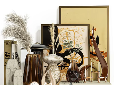Elegant Decorative Ornament Set With Dried Grass Art Frames Sculptures Candle Holders And Vases 3d model