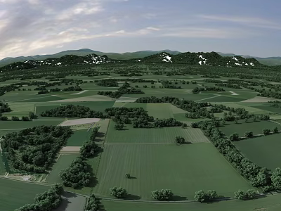 Expansive Green Countryside Scenery With Lush Fields Trees And Snow Capped Mountains Under Cloudy Sky 3d model