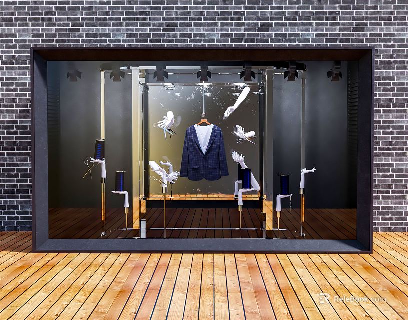 Storefront Glass Window Display with Brick Wall Blue Suit Mannequins and White Bird Decorations 3d model 