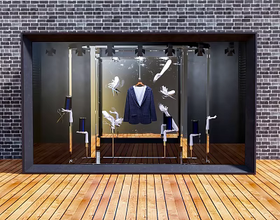 Storefront Glass Window Display with Brick Wall Blue Suit Mannequins and White Bird Decorations 3d model