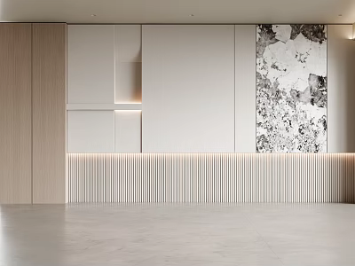 Modern Sofa Background Wall Design With Wooden Panels White Surfaces And Marble Pattern 3d model