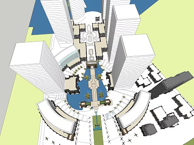 Modern Commercial Street Design With Tall Buildings Central Fountain And Greenery 3d model