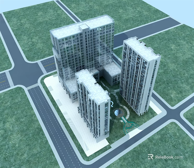 Modern High Rise Office Towers With Central Courtyard And Surrounding Green Areas 3d model 