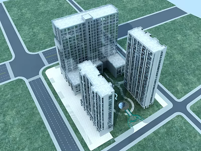 Modern High Rise Office Towers With Central Courtyard And Surrounding Green Areas 3d model