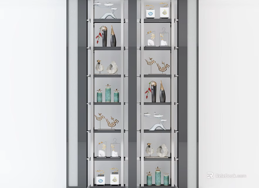 Modern Storage Cabinet With Multiple Shelves Displaying Decorative Bottles And Small Ornaments 3d model 