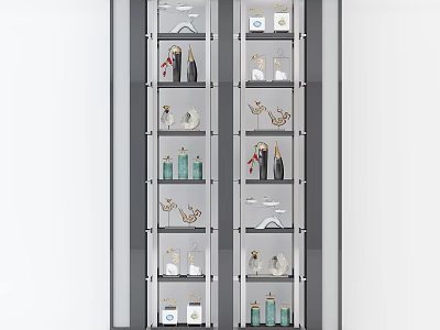 Modern Storage Cabinet With Multiple Shelves Displaying Decorative Bottles And Small Ornaments 3d model