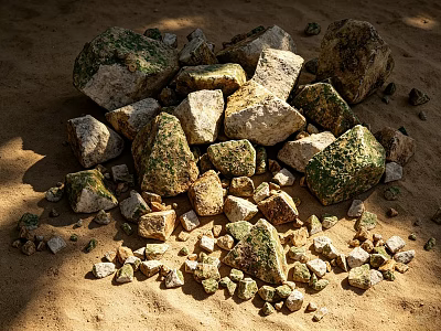 Natural Stones With Green Moss Scattered On Sandy Ground In Various Sizes 3d model