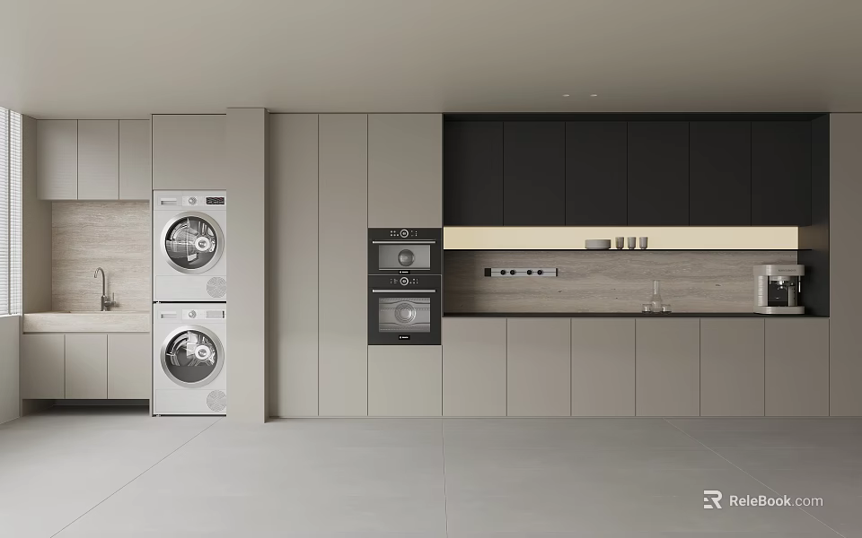 Modern Kitchen Sideboard Design With Cabinets Oven Appliances And Neutral Tones 3d model 