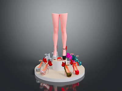 Colorful High Heels Display With Pink Mannequin Legs On Round Stand 3d model