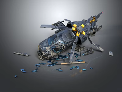 Crashed Helicopter with Scattered Parts Damaged Body and Broken Propeller 3d model