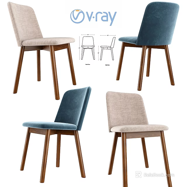 Modern Dining Chairs With Beige And Blue Fabric Seats Wooden Legs Design Blueprint 3d model 