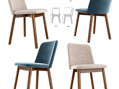 Modern Dining Chairs With Beige And Blue Fabric Seats Wooden Legs Design Blueprint 3d model