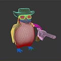 3D Penguin Character Wearing Brown Cowboy Hat Sunglasses Holding Revolver