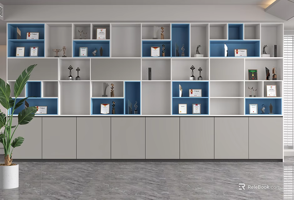 Modern Display Shelving Unit With White Blue Open Compartments And Trophy Decorations 3d model 