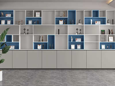 Modern Display Shelving Unit With White Blue Open Compartments And Trophy Decorations 3d model