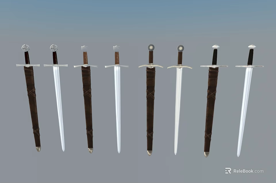 Collection Of Medieval Swords With Brown Scabbards And White Blades Arranged On Gray Background 3d model 