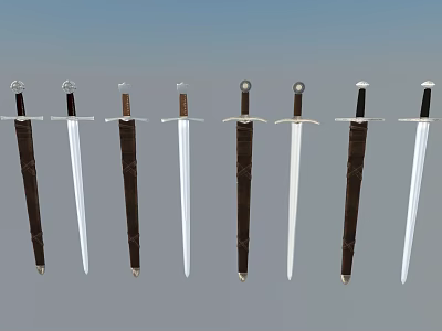 Collection Of Medieval Swords With Brown Scabbards And White Blades Arranged On Gray Background 3d model