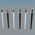 Collection Of Medieval Swords With Brown Scabbards And White Blades Arranged On Gray Background