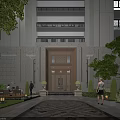 Elegant Building Entrance Gate With Illuminated Glass Door And Stone Facade Landscaped Surroundings