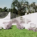 Luo Flower Garden Landscape With White Fence Weeping Willow Trees Purple Flowers And Green Lawn