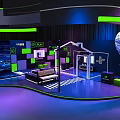 Futuristic Exhibition Space Design With Illuminated Curved Arches Screens And Vibrant Tech Lighting
