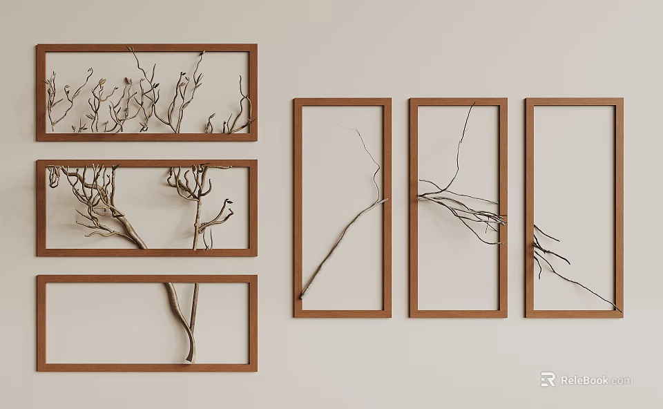Natural Wall Decor With Wooden Frames And Branches Arranged On Light Colored Wall 3d model