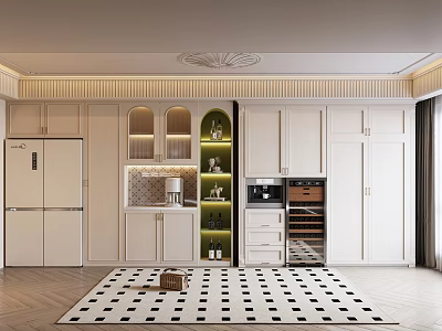 Modern Open Concept Kitchen Interior With Stylish Wine Cabinet And Glass Doors 3d model