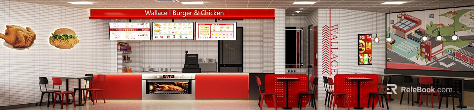 Fast Food Burger Chicken Restaurant With Red Counter Tables Chairs And Menu Screens 3d model 