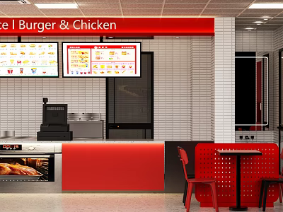Fast Food Burger Chicken Restaurant With Red Counter Tables Chairs And Menu Screens 3d model