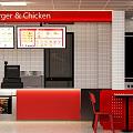 Fast Food Burger Chicken Restaurant With Red Counter Tables Chairs And Menu Screens