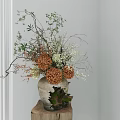 Textured Ceramic Vase With Hydrangeas Branches And Green Leaves In Indoor Natural Light
