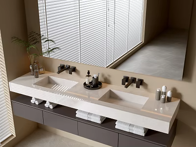 Bathroom Cabinet Featuring Double Sinks Mirror Window Blinds Potted Plant Folded Towels and Toiletries 3d model