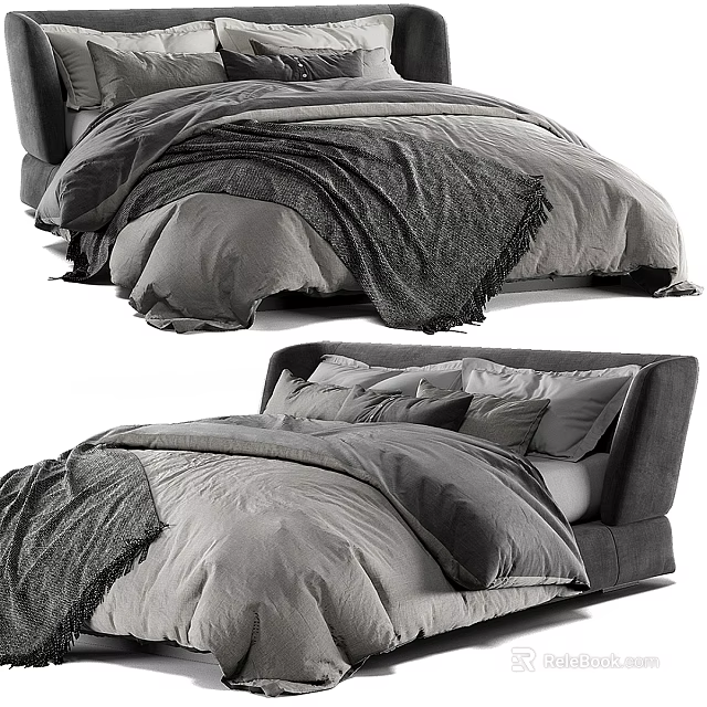 Modern Double Bed With Gray Bedding Soft Blanket And Decorative Pillows 3d model 