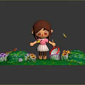 Natural Scene With Green Grass Small Pond Colorful Flowers Butterflies Flying Little Girl Holding Net