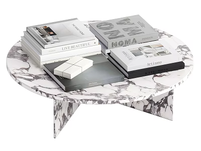 Modern Round Marble Texture Coffee Table With Stacked Books And Decorative Items 3d model